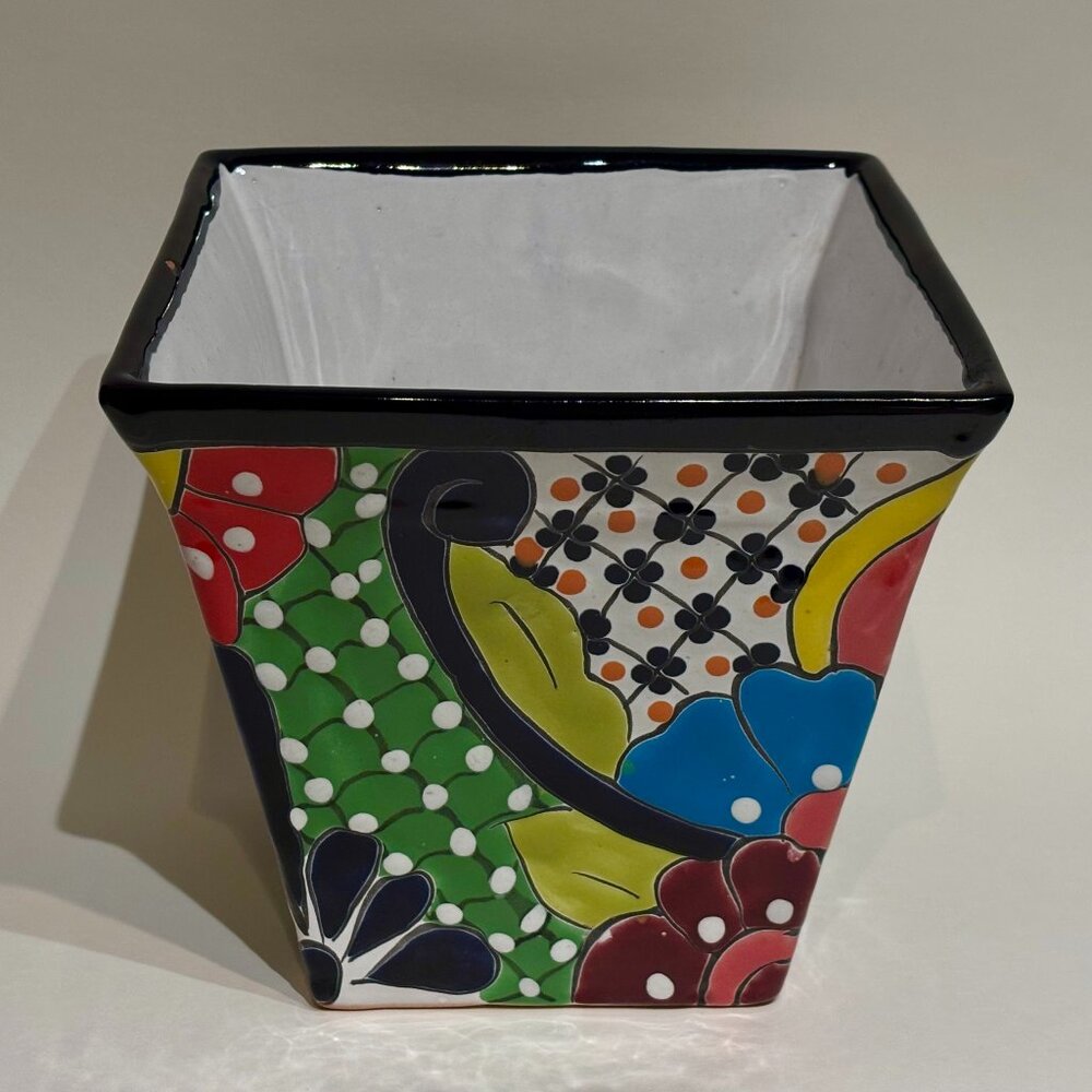 Hand Painted Blue Orange Pottery Bordeo Talavera Square Planter Mexico 7.5"